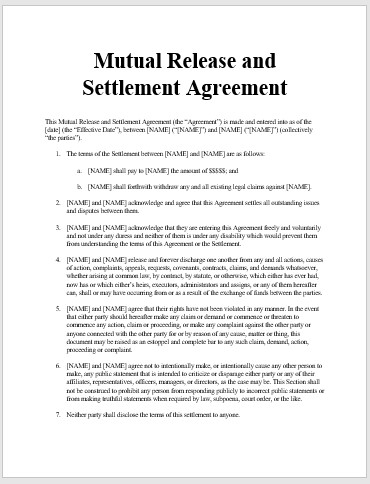 Mutual Release and Settlement Agreement - Small Claims - Ontario