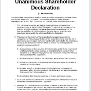 Unanimous Shareholder Declaration - Ontario